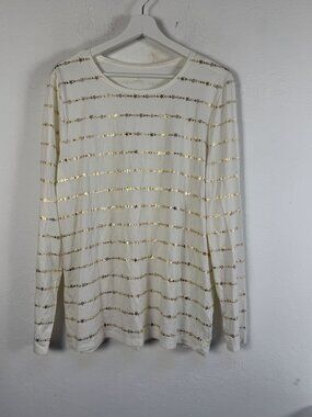 Lands' End Women's XL Ivory Gold Star Stripe Holiday Long Sleeve T-Shirt New